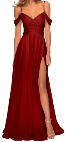 SAYNO Vestidos de dama de honor de gasa con hombros descubiertos para boda, con bolsillos, cuello en V, vestido largo de graduación, vestido de noche formal, granate, 36