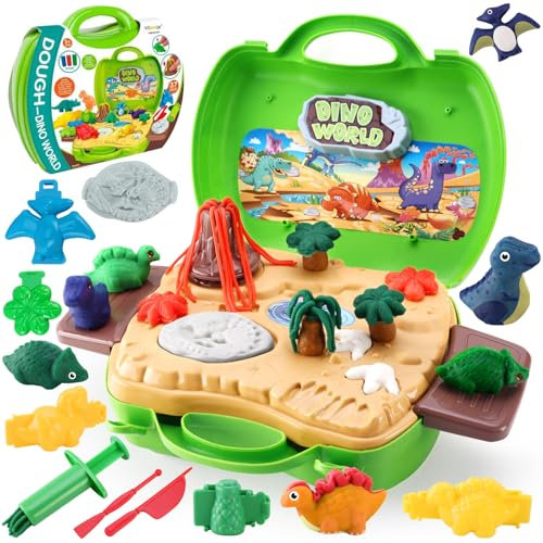 VBACALA Dinosaurier Knete Set,32-teiliges Kinderknete Set mit Handkoffer,5 Dinosaurier Formen,Vulkan,10 Bunte Knetmasse&Knetwerkzeug,Dino Spielzeug Geschenk für Kinder Knete ab 3 Jahre,Jungen&Mädchen