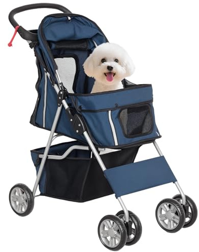 PawHut Carrito para Perros Plegable, Cochecito para Perros Pequeños con Cesta de Almacenaje, Ventanas de Malla, Portavasos, Ruedas de EVA, Cojín Lavable, Frenos, Carga 10 kg, 75x45x97 cm, Azul Oscuro