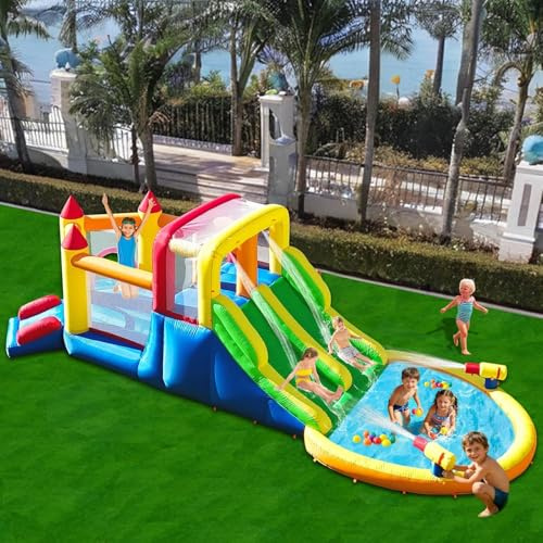 Inflatable Bouncy Castle with 4 Slides, Large Bounce House with Spray Slide Trampoline Water Pool, Inflatable Water Slide with Blower for Kids Toddlers Outdoor Indoor, 6.28 x 2.93 x 1.95m