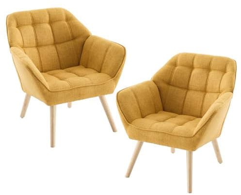chairus Set di 2 Poltrone da Salotto in Tessuto di Lino Poltrona Imbottita con Braccioli Poltroncina Moderna con Gambe in Legno Poltrona Relax per Soggiorno/Camera da Letto, Giallo