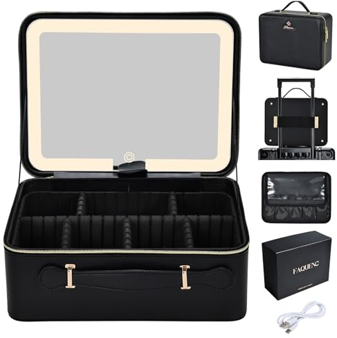 Large Makeup Case with LED Mirror Vanity Case Removable Light Up Mirror PU Leather Portable Makeup Artist Carry Vanity Box with Dividers Makeup Brush Holder, Black