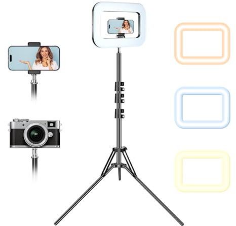 Rechargeable Ring Light with Stand for Video Recording, Dimmable Lighting Tripod for iPhone, Square Light with Phone Holder for Content Creators, Selfie, Makeup, Live Streaming, TikTok
