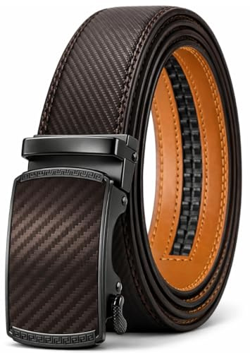 Bellvare Men's Ratchet Belt, Carbon Texture Leather, Automatic Click Buckle, 125cm Trim-to-Fit, Silver, 3.5cm Width, Dress and Casual (Brown Carbon Style)