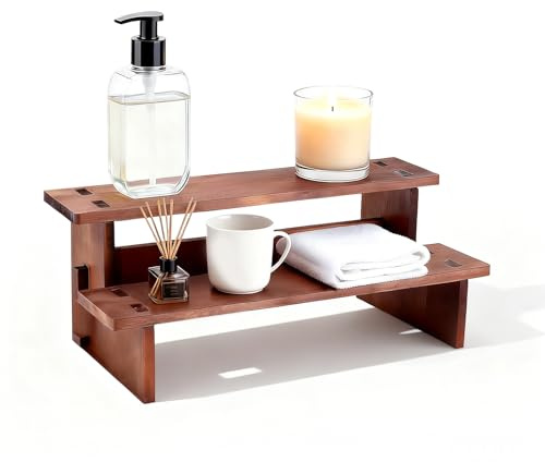 CVASNF 2-Tier Wooden Display Riser Stand, Wooden Display Riser Shelf Tabletop Small Mens Perfume Organiser for Fragrances Candles Cosmetics Cupcake Figures (Brown)