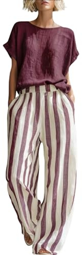 Completo Donna Elegante Completi Lino Estivo Tailleur Donna Estivo Relax Tuta Righe Pantalone Tempo Libero Slim Fit T-Shirt Coordinati Stile Boho Set da a Maniche Corte Abbinato Adatto All’Estate