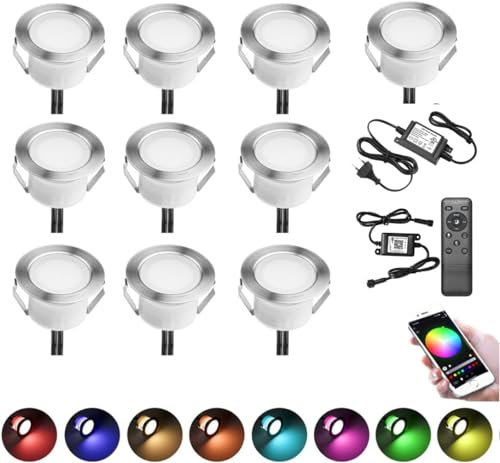 INDARUN WLAN Bodenstrahler Außen 10er Set, RGB, Kompatibel mit Alexa,Google Home, LED Bodeneinbaustrahler Aussen, IP67 Wasserdicht, DC12V, Ø45mm, Terrassenbeleuchtung, Bodenleuchten Außen