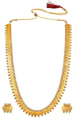 Aheli Wedding Wear Gold Tone Goddess Engraved on Coin Long Necklace Set South Indian Traditional Bollywood Fashion Jewelry Set for Women