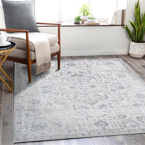TOPICK Teppich Kurzflor 150x210cm Grau Chenille Vintage Faltbar Suppedünner Waschbar Retro Teppiche Blumen Boho rutschfeste für Innenbereich Küche Wohnzimmer Schlafzimmer Kinderzimmer