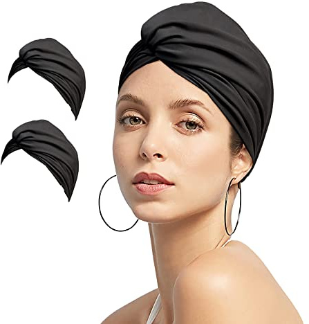 2pcs Women Turban Style Swimming Cap Pleated Fabric Swim Pool Beach Surfing Bathing Shower Cap Elastic Ears Protection Soft Cross Beanie Headwear Chemo Night Sleep Hat Solid Color For Long Short Hair