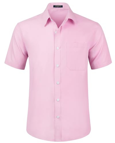 HISDERN Mens Short Sleeve Dress Shirt Regular Fit Casual Formal Pink Shirts Button Down Business Stretch Shirt Non Iron,L