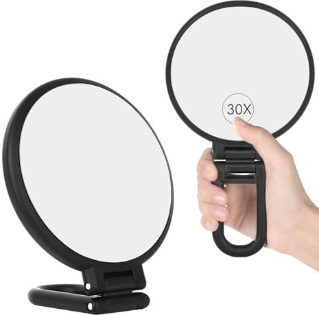 GROFIS Doppelseitiger Vergrößerungsspiegel 30X/1X, Handspiegel mit Griff Faltbarer, Kosmetikspiegel Runde, Rasierspiegel Schminkspiegel für Präzisions Makeup, Tragbarer Reisespiegel