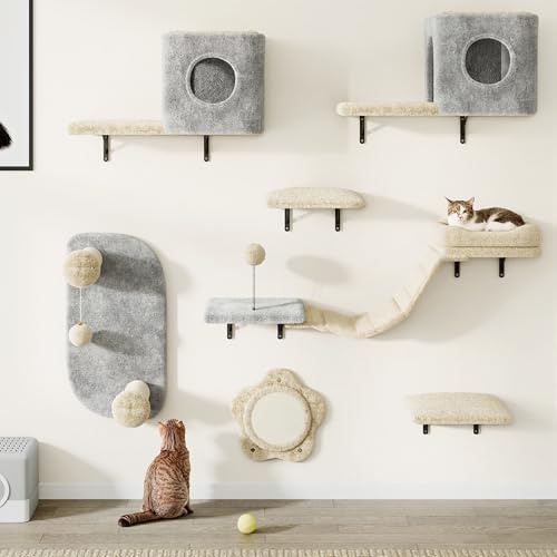 YITAHOME 8 Pcs Sturdy Cat Climbing Wall Set Made of Flannel, Cat Furniture with House, Bed, Scratching Board, Hanging Bridge, and Sisal Column for Cats Sleeping and Playing Lounging