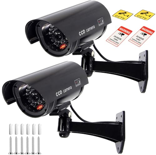 GOMETY 2 Pièces Caméra Factice Extérieur, Caméra de Sécurité Dummy avec LED Rouge Clignotante, CaméraSurveillance CCTV Intérieur et Extérieur, CaméraFactice Sécurité ABS