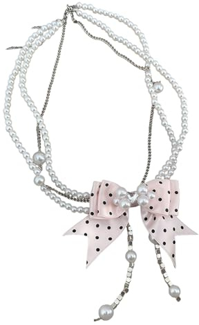 Générique Collier de perles à pois roses ludiques, nœud papillon, chaîne de clavicule réglable, superposition de vêtements de cou à la mode, pendentif papillon, bijoux