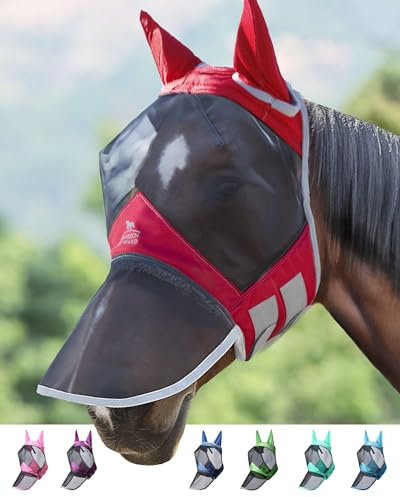 Harrison Howard CareMaster Pro Luminous Horse Fly Mask Large Eye Space Long Nose with Ears UV Protection for Horse Rot Vollblut (M)