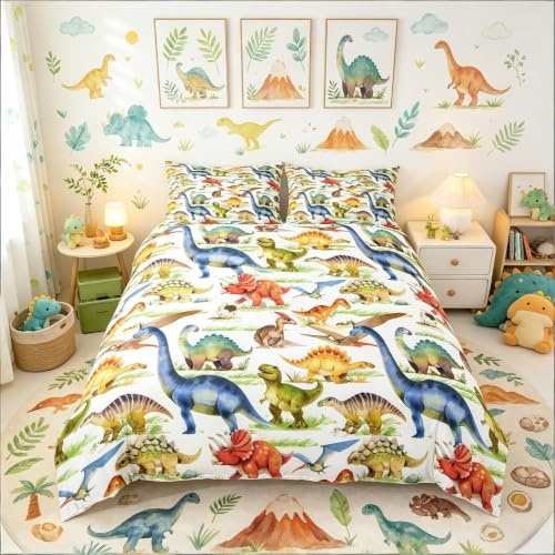 Loussiesd Dinosaur Bed Linen Cartoon Animals Bedding Set for Boys Girls Kids Children's Watercolor Dinosaur on White Decor Reversible Comforter Cover 3 Piece include 1 Duvet Cover 2 Pillowcases King