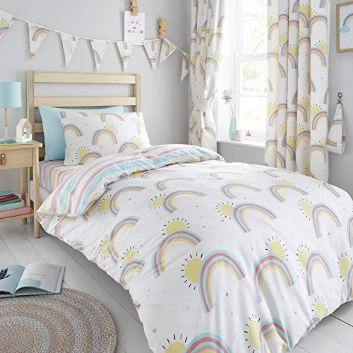 Happy Linen Company Girls Kids Rainbows Sunshine Stripes White Single Reversible Duvet Cover Bedding Set