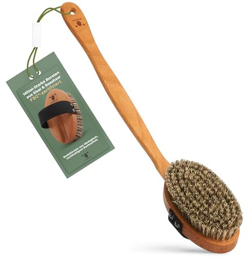 QUOALA® Premium Badebürste/Body Brush – FSC-zertifiziert, Naturborsten (Sisal&Rosshaar) – Körperbürste mit langem Stiel für Rücken, Trocken- & Nassbürste – 100% Made in Germany