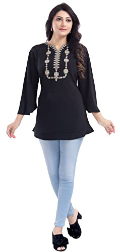 Unifiedclothes Women’s Indian Kurti Tunic Top - Ethnic Traditional Casual Party Festival Wear Indians Embroidery Casual BD438 (Numeric_14) Black