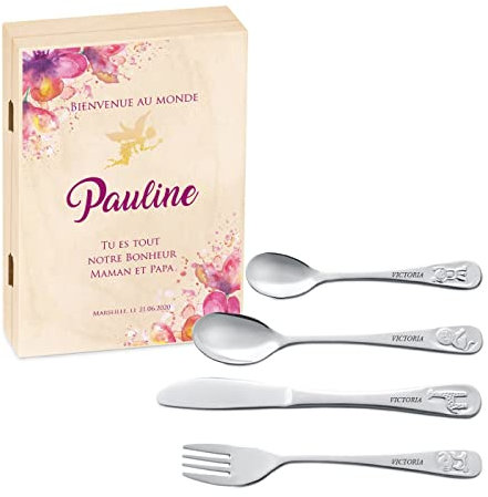Maverton Set de Couvert Enfant personnalisé dans boîte en bois imprimée - Thème Animal - Cadeau Naissance Fille - Cadeau personnalisé Bebe Naissance filles - Cadeaux bébé - Coutellerie gravée - FÉE