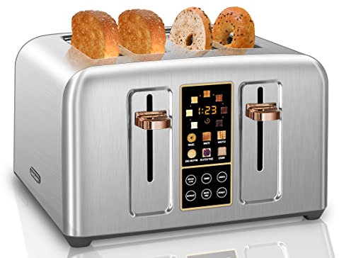 SEEDEEM 4 SliceToaster, Stainless Steel Toaster with Touch LCD Display, 6 Bread Selection, 7 Shade Settings, Extra Wide Slots Toaster with 6 Functions,Silver Metallic