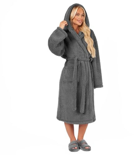 OHS Charcoal Grey Teddy Fleece Fluffy Dressing Gown, Mens Dressing Gowns Soft Warm Comfy Womens Hooded Luxury Oversized Ladies Dressing Gown, One Size