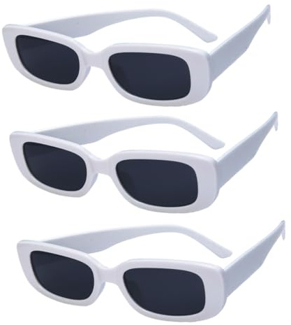 Jxuane 3 Pack Retro Square UV400 Rectangle Sunglasses - White Fashion Glasses for Women, 90s Style