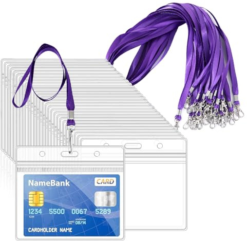 50pcs Purple Lanyards for Neck with Clear Plastic ID Card Holders | Horizontal Sealable Waterproof Name Badge Holders with Nylon Lanyard for ID Cards Office School Bus Passes Doctors Visitors