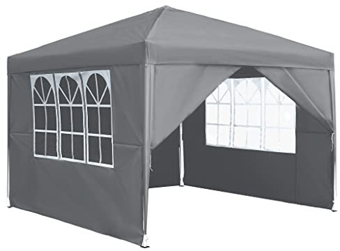 XMTECH Pavillon Faltpavillon 2.5x2.5m mit 4 Seitenteilen – 3-Fach höhenverstellbar 2.4m-2.6m, Wasserdicht, UV-Schutz, Faltbar, Stahlgestell & 210D Oxford-Gewebe für Gartenpartys, Hochzeiten – Grau