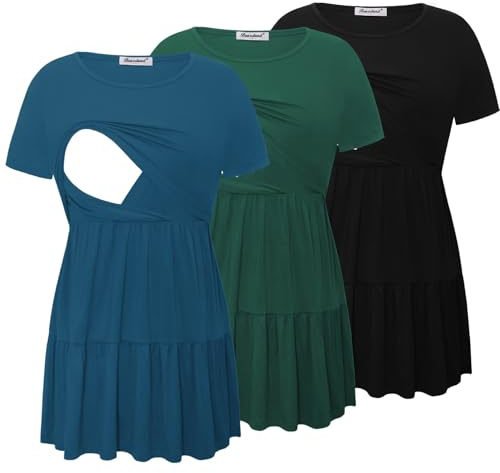 Bearsland Maglietta da allattamento da donna, a maniche corte, scollo rotondo, confezione da 3, nero, blu intenso e verde scuro, M