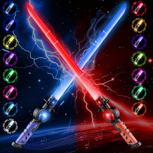 Handwell 2 Stück Lichtschwert Kinder, Laserschwert,RGB 15 Farben Laser Schwert mit 3D Sound,2 in 1 Doppelklingen Lightsaber Spielzeug Geschenke für Cosplay War Fighters, Christmas Parteien
