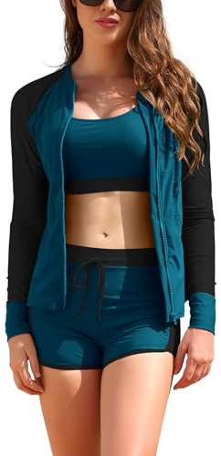 SHEKINI Rash Guard Set 3 Pièces Femme Haut de Maillot de Bain Rashguard Manches Longues Zippé+Brassiere+Shorts de Sport pour Surf Séchage Rapide