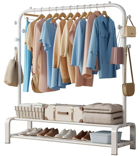 SMILOVII Kleiderstange, kleiderständer stabil mit 8 Haken und 2 Schuhregal Ablage Regal, 110CM breit, geeignet für Schlafzimmer Jackenständer, Freistehender Garderobenständer - Weiß
