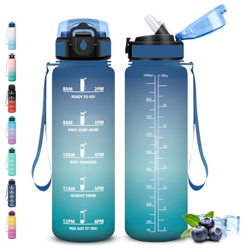 Grsta Gourde 1l, Gourde Sport pour Adulte, Gourdes avec Paille Anti-Fuite, Gourd Motivation, avec Slogan de Motivation, Gourdes de Camping et Randonnée, pour Gym, Fitness, Cyclisme