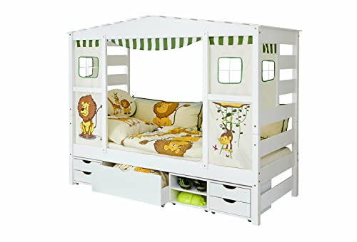 TiCAA Kinderbett Hausbett mit Schubkasten 90x200 cm, für Jungen & Mädchen, inkl. Vorhangstoff, Fallschutz, Montessori Bett weiß aus Kiefer Massivholz