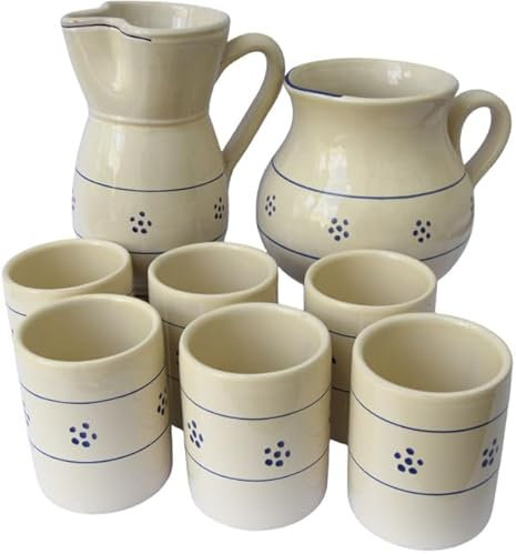 Set Sei Bicchieri in Terracotta, con Brocca Ursulo e Brocca Bombata Stelle Dipinti a Mano, Set Brocca e Bicchieri, Set Bicchieri Acqua e Vino, Bicchieri Colorati, Brocca Vino, Brocca Acqua
