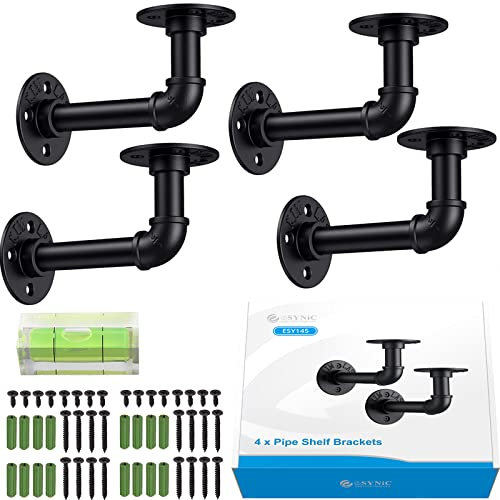 ESYNiC 4 Set di Staffe con Flange per Tubi 15 x 8 x 7 cm Mensole da Muro Stile Industriale 4 PZ Supporti per Mensola Scaffale a Parete Pipe Shelf Bracket per Mensole Galleggianti Appese - Nero