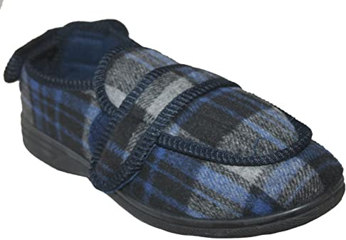 Mens Diabetic Orthopaedic Comfort Luxury Slippers Shoes Wide FIT Adjustable Strap Size UK 7-14 (Navy/Grey, Numeric_8)