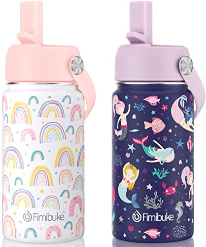 Fimibuke Kids Insulated Water Bottle, 14oz BPA FREE Double Wall Vacuum Tumbler 18/8 Stainless Steel Leak Proof Kids Cups with Straw Metal Water Bottle for School Boy Girl (2 Pack, RAINBOW/MERMAID)