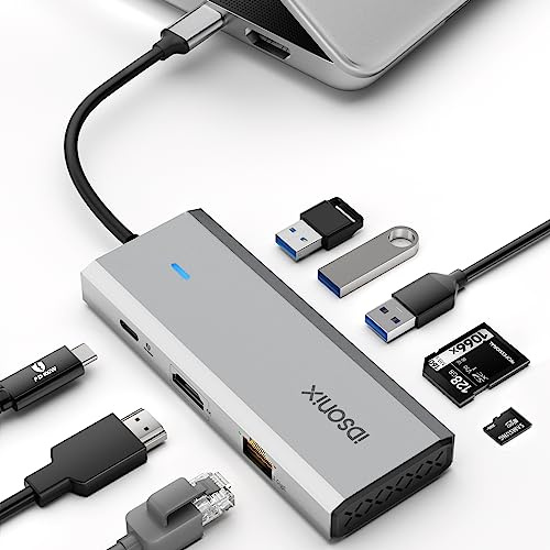 USB C Hub, iDsonix 8 in 1 USB C Docking Station Aluminium Multiport Adapte with HDMI 4K@60Hz, PD 100W, 1Gigabit Ethernet, SD/TF Card Reader for MacBook Air/Pro iPad Dell/Hp Laptop Sliver