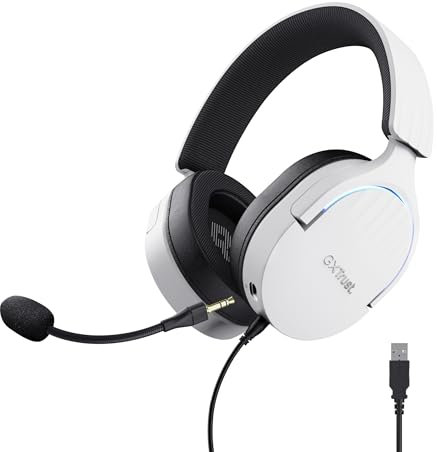 Trust Gaming GXT 490W Fayzo Cascos Gaming USB 7.1 Sonido Envolvente, Drivers 50mm, 35% Plástico Reciclado, Micrófono con Cancelación de Ruido, RGB Auriculares con Cable Over-Ear PC PS5 - Blanco