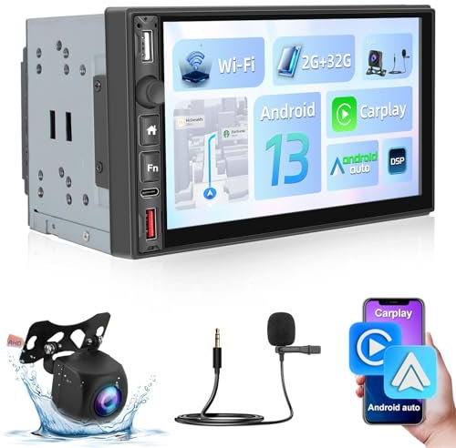 NHOPEEW 2 Din Android Autoradio mit Wireless CarPlay und Android Auto - 2+32G 7 Zoll Radio Unterstützung WiFi GPS Split Screen Lenkradsteuerung - Dual USB Ports + Rückfahrkamera&Mic