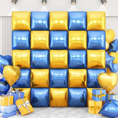 Blue Gold Square Foil Balloon Wall,25Pcs Double Sided Balloon Backdrop Helium Polyester Film Balloons Tunnel Arch Garland Kit for Birthday Bridal Anniversary Baby Shower Party Decorations