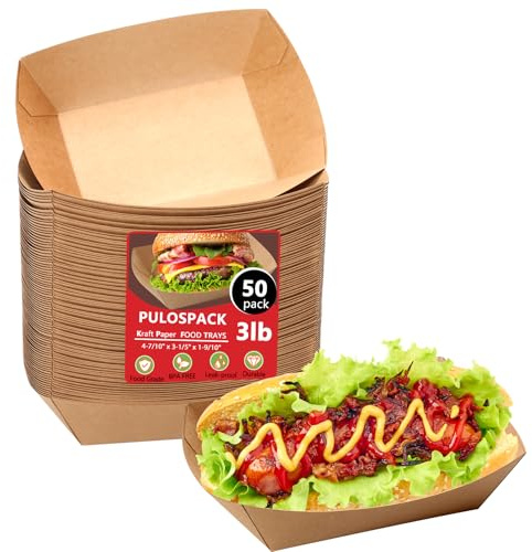 PULOSPACK 50 Pack 3lb Heavy Duty Kraft Leak Proof Paper Food Boats Disposable Nacho Trays Extra Large Food Serving Holder for Chips, Hot Dogs, Popcorn, Snacks, BBQ, Party, Picnic, Wedding