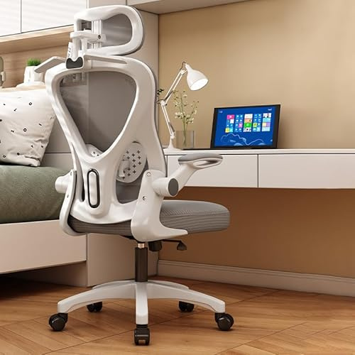 EOXCIIU Ergonomic Office Chair, Mesh Swivel Chair with Lumbar Support, Height Adjustable, 3D Headrest with Flip-up Armrests, Thickened Cushion, Home, Office, Rest Applicable(white)