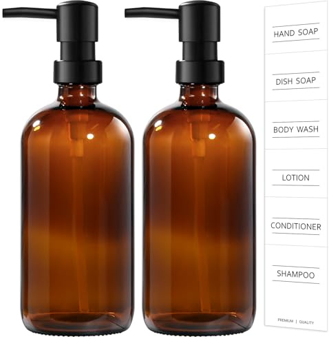 GMISUN Hand Soap Dispenser,500ml Brown Glass Soap Dispensers, Washing Up Liquid Dispenser, Amber Glass Soap Dispensers Bottle with Pump And Label (2, Amber)