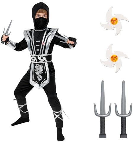 BSBUY Ninja kostym för barn, 13 stycken barnkostym, ninja-set, pojkar, flickor, ninja-kostym, barn, cosplay, outfit, stridskostym, ninjatillbehör, halloweenutklädnad