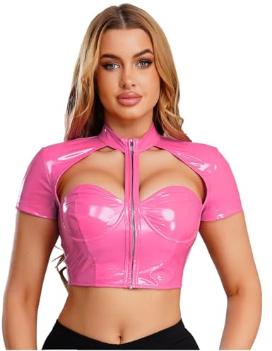 Kvysinly Lack läder crop top damer camisole korsett push up t-tröja med korta ärmar, klubbkläder