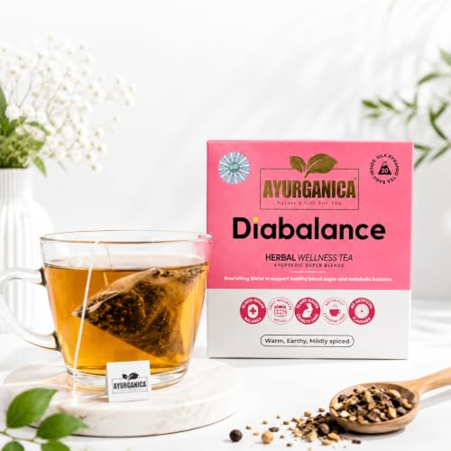 Ayurganica Diabalance Herbal Tea With 9 Active Ingredients – 20 Counts – For Blood Sugar Control & Diabetes – Cinnamon, Fenugreek Seeds, Moringa, Bitter Gourd & Holy Basil – Silk Individual Tea Bags